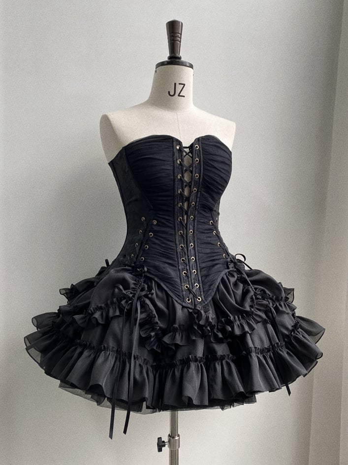 Lolita Drawstring Hem Skirt Gothic Black Kuro Ruffle