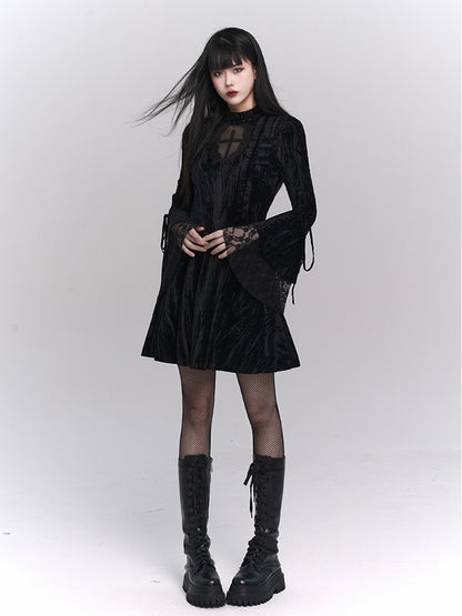 Black Gothic Cross Lace Trim Dress with Lace-up Detail at Bell Sleeves