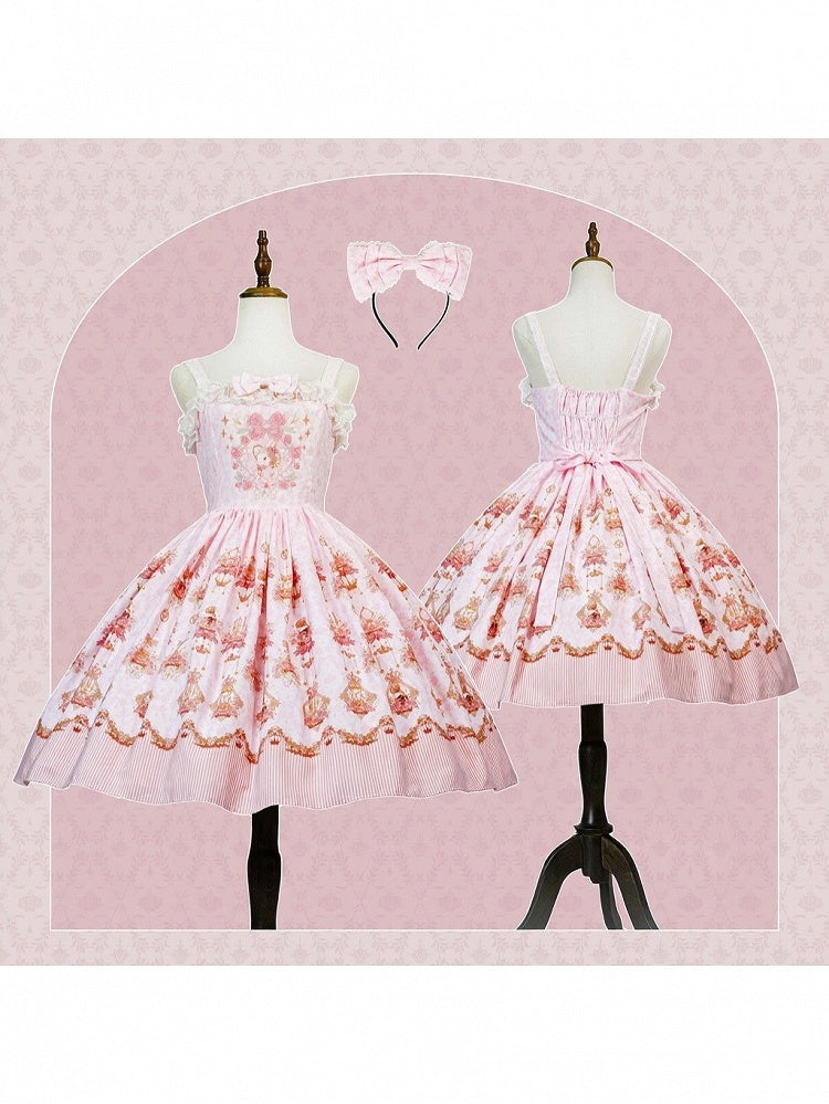 Pink Rabbit Print Lolita JSK Dress with Bow and Lace Details - Strawberry Witch