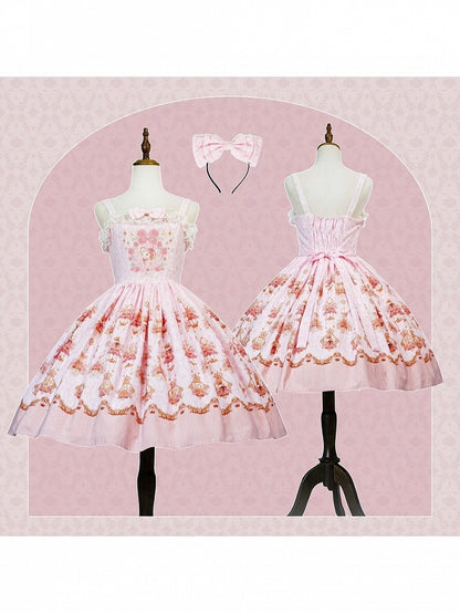 Pink Rabbit Print Lolita JSK Dress with Bow and Lace Details - Strawberry Witch