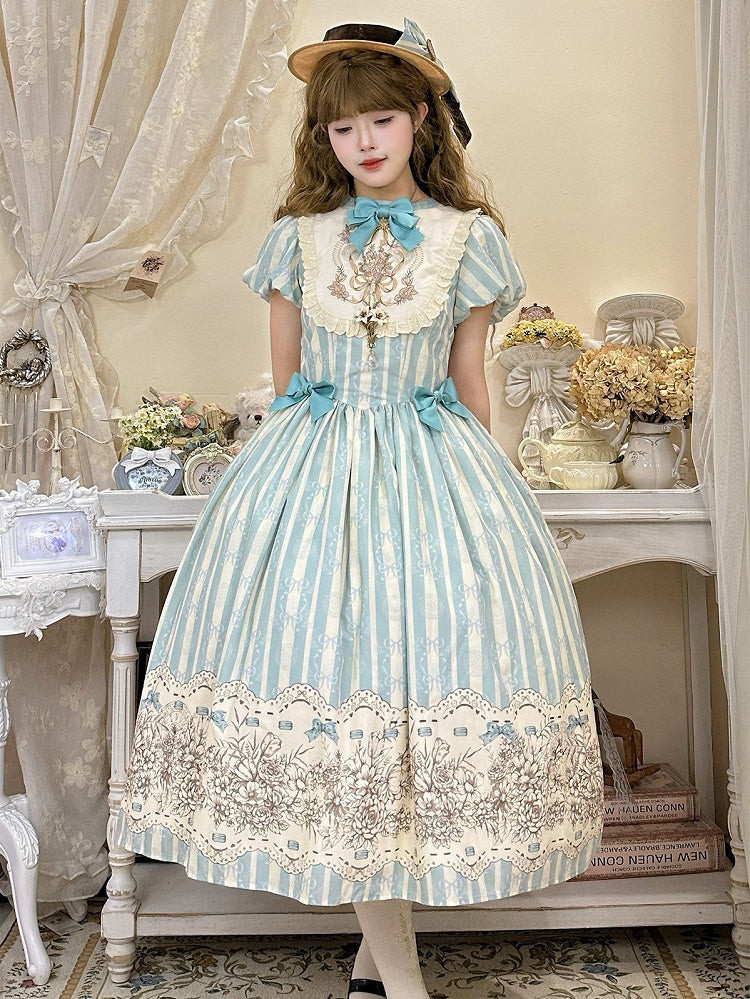 Embroidery One Bodice Piece Blue Floral Striped Classic and Bowknot Version Lolita Pattern Long