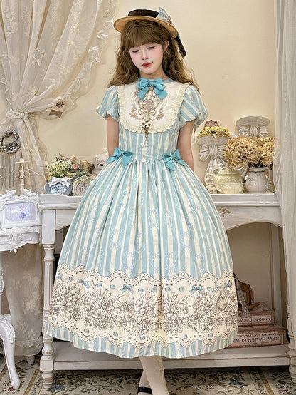 Embroidery One Bodice Piece Blue Floral Striped Classic and Bowknot Version Lolita Pattern Long