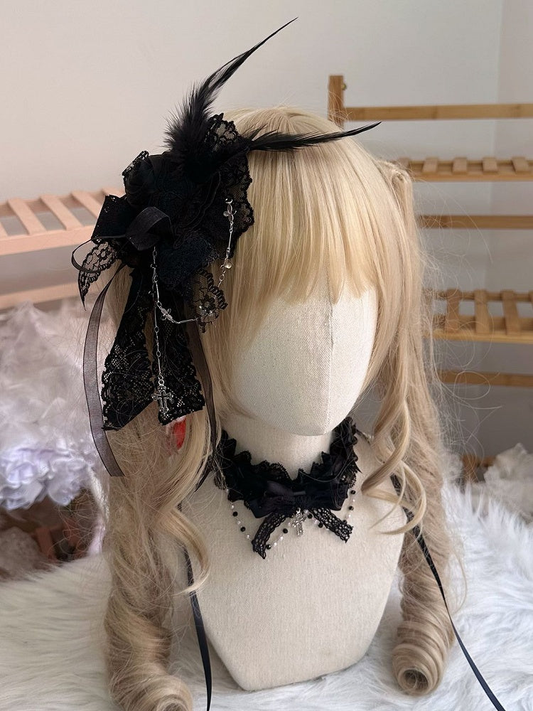 Feather Hairclip Lolita Lace and with Accents White/Black Chain