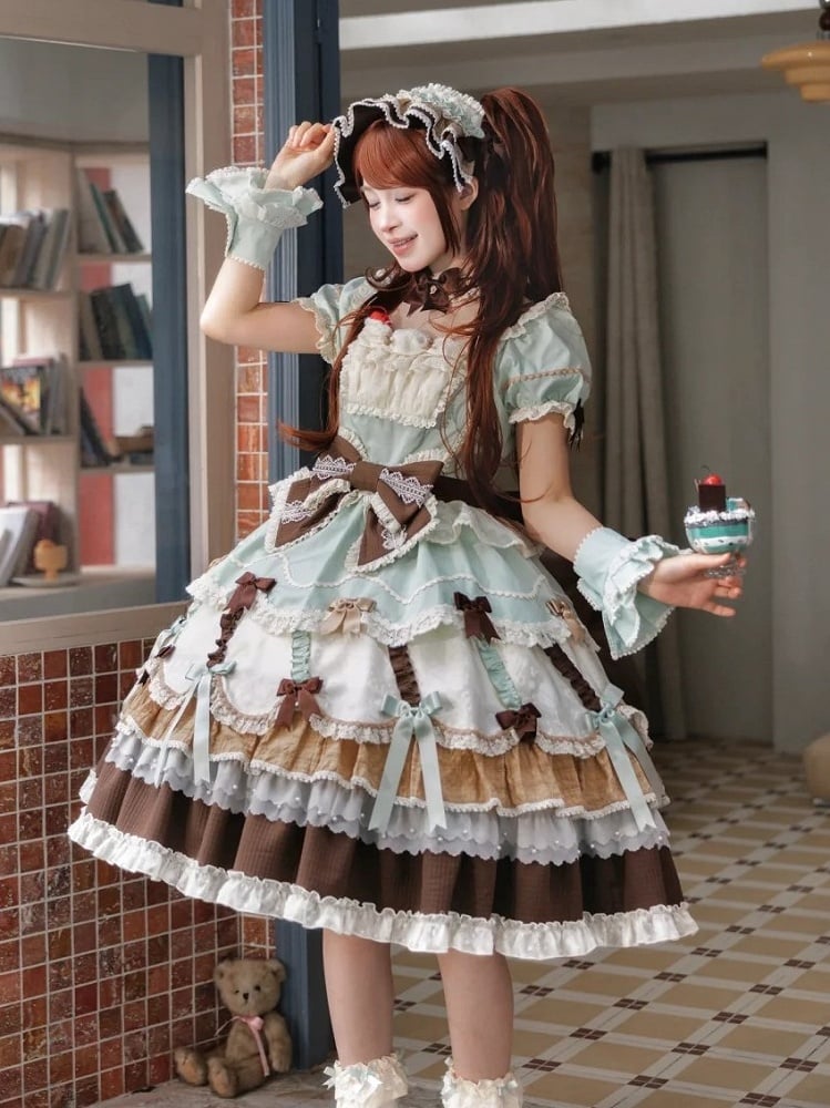 Neckline Bowknot Puff Dress Chocolate Sleeves Details Green Lolita Mint and Square Sweet