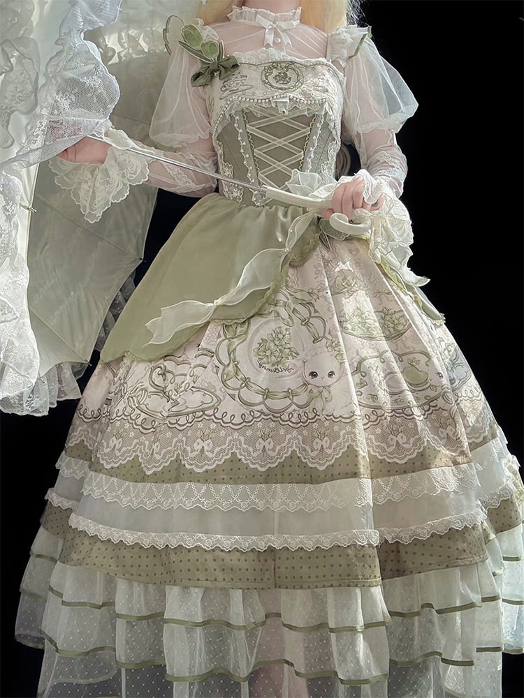 Dress Green with Trimmings Print and Layered Rabbit Country Teacup Lace Lolita