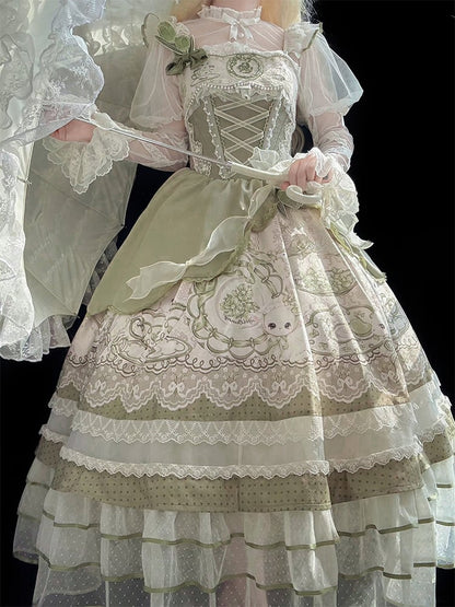 Dress Green with Trimmings Print and Layered Rabbit Country Teacup Lace Lolita