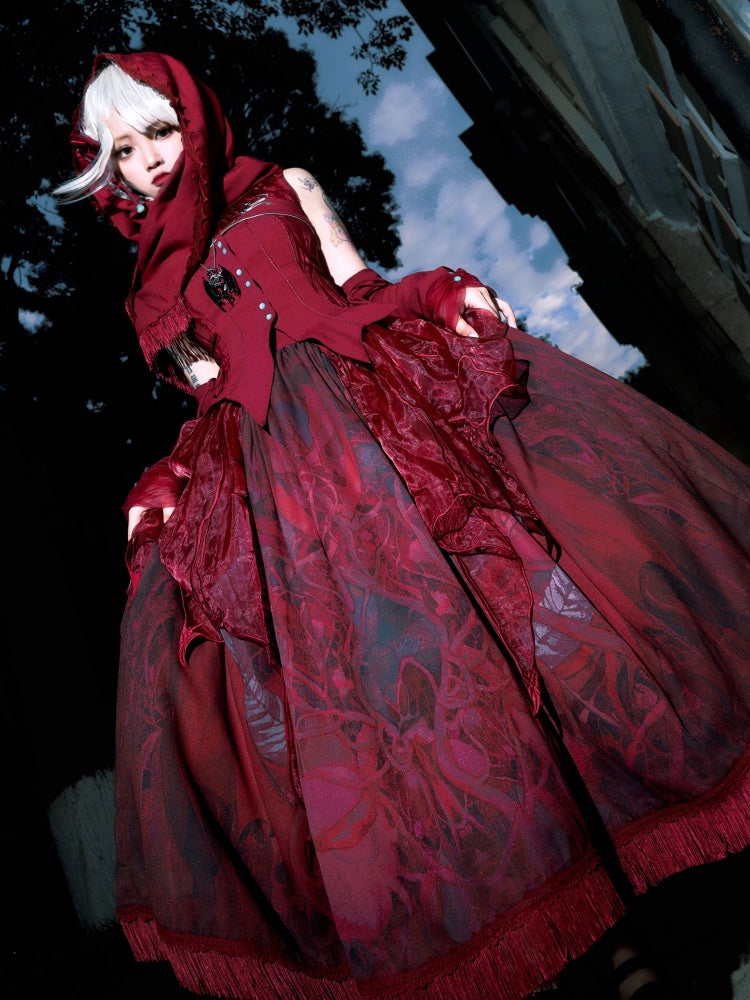 不規則な刺繍オーバーレイが施されたレッドドラゴンプリントスカート