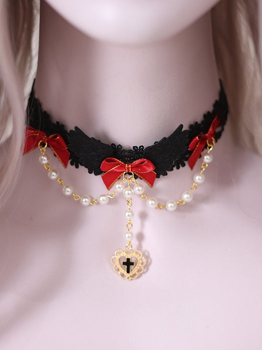 Black Gothic Charm Red Choker With Bead And Chain Lace Lolita Heart - Bowknot Shaped Wing /