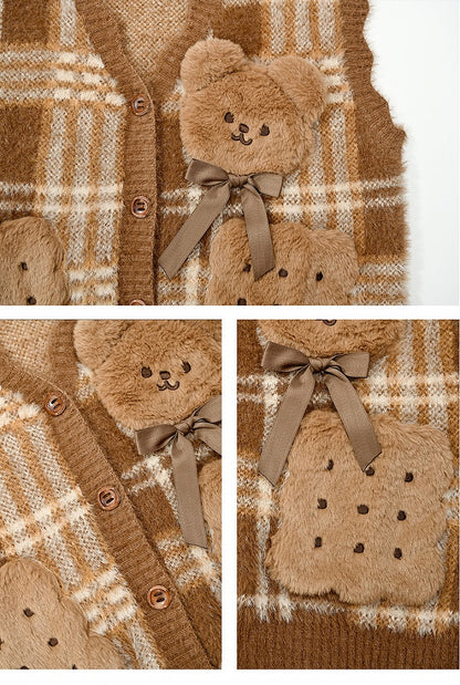 Brown Cute Cookie Bear Adorned Plaid Vest