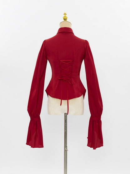 Red Pleated Shirt with Foldover Collar, Ruffle Cuffs, and Jabot Tie - DevilInspired Exclusive Collection