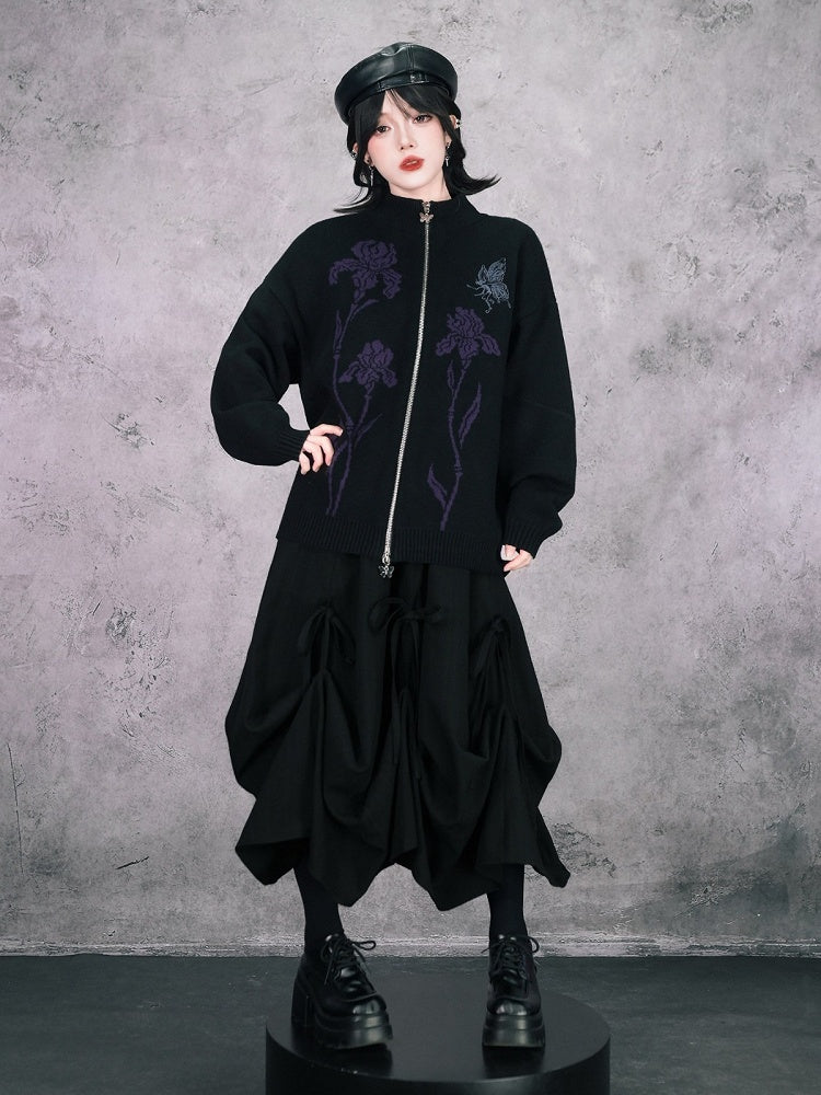 Iris Pattern Gothic Black Double Zipper Sweater Jacket - Quirky Hut