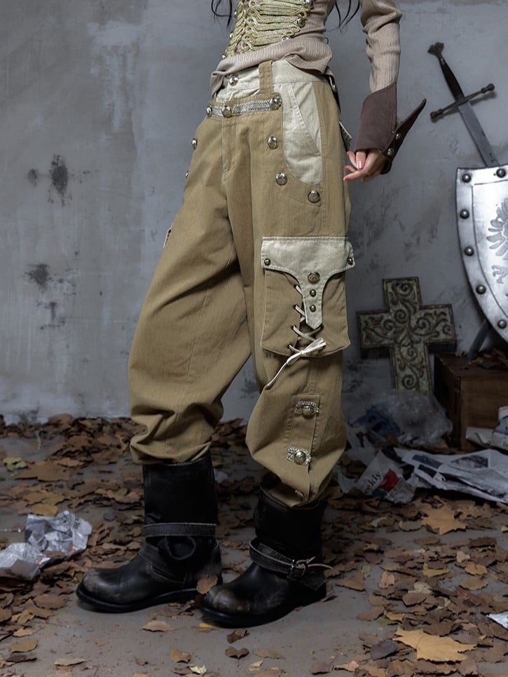 Punk Vintage Pockets Pants 3D with Khaki Cargo Dual-Tone Buttons