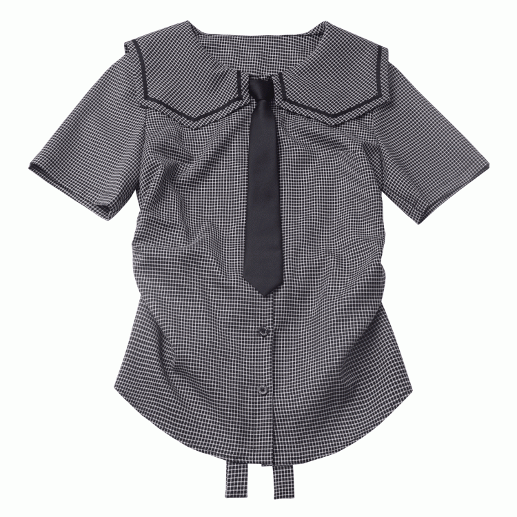 Bow Back Black Square Collar Self-tie Plaid Blouse with Necktie