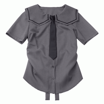 Bow Back Black Square Collar Self-tie Plaid Blouse with Necktie