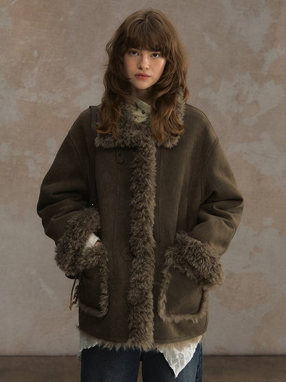 Reversible Suede and Fleece Coat with Fluffy Accents Khaki/Dark Brown