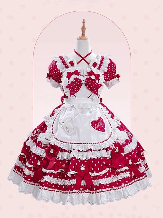 Süße herzförmige schwarze Lolita-Schleifen-Schürze, blau-rotes Mieder/rosa verziert
