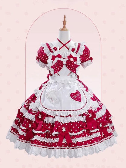 Süße herzförmige schwarze Lolita-Schleifen-Schürze, blau-rotes Mieder/rosa verziert