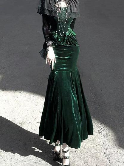 Forest Lace and Dress Peplum Detail Applique Mermaid Green with Velvet Black Dark