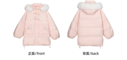 Rosa Daunenmantel mit Kapuze und Plüschbesatz mit süßem Bären und Kätzchen