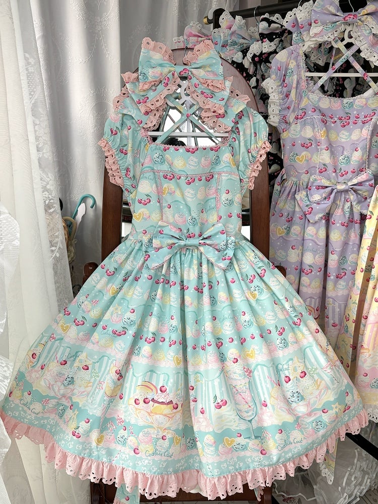 Eiskleid Creme Kirsche Druck und Lolita Sommer Grün Süß