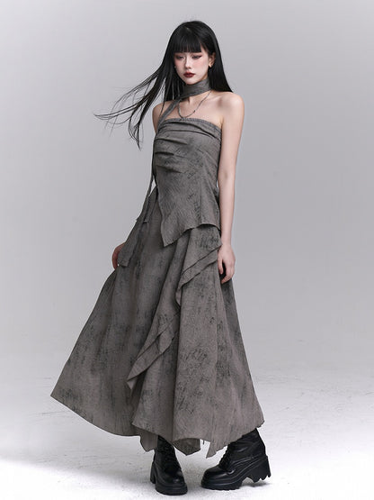 Gray Splatter Punk Matching Layered with Asymmetric Wasteland Neck Ruching Strap Bustier