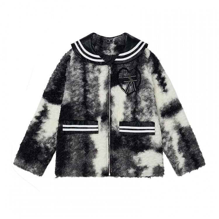 ブラック/ブラウンのセーラーカラーの蝶結びディテールのフリースジャケット