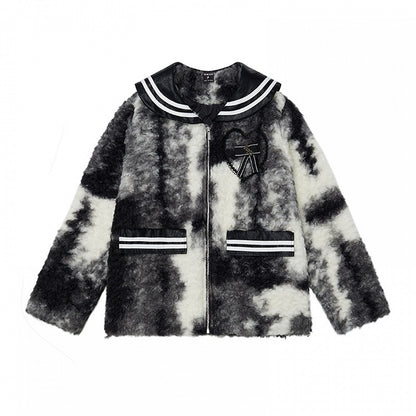 ブラック/ブラウンのセーラーカラーの蝶結びディテールのフリースジャケット