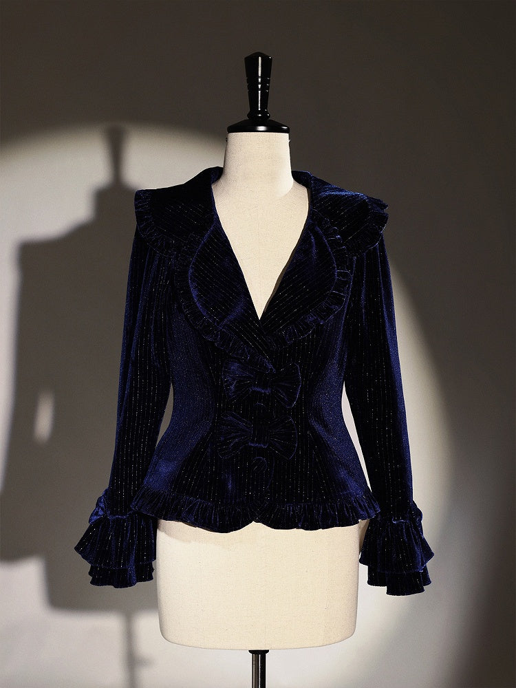 Navy Classic Striped Shimmer Lolita Coat with Bell Sleeve Silhouette - Alice Girl