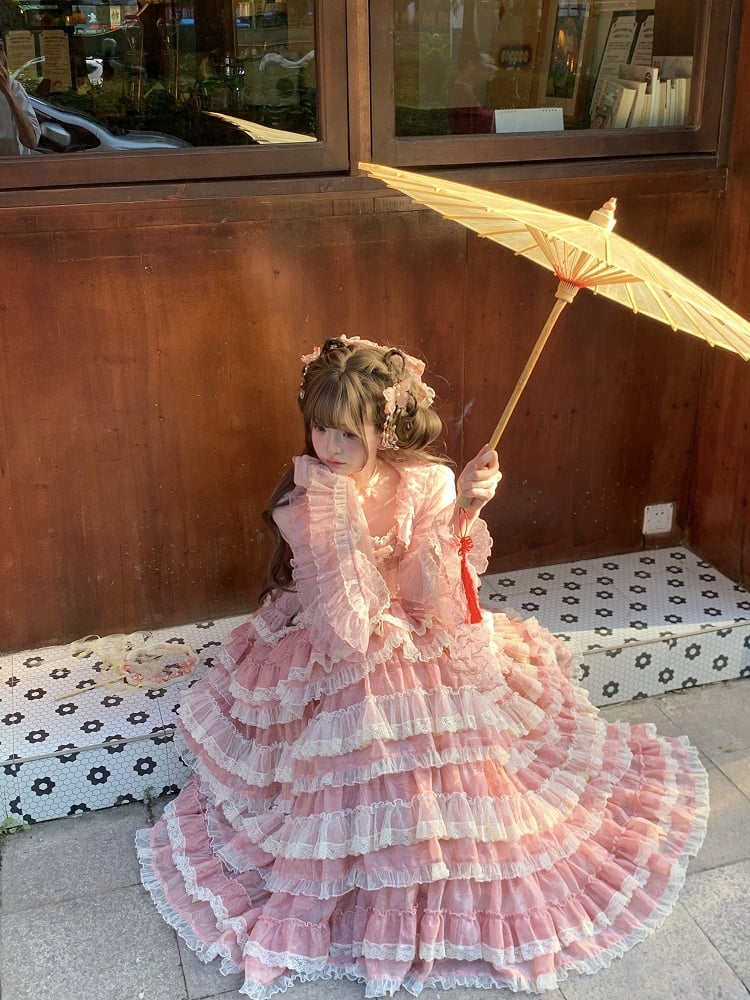 Lolita Ruffle Multi-Layered Sweet Straps Embroidery and with Dress Pink Adjustable Goldfish