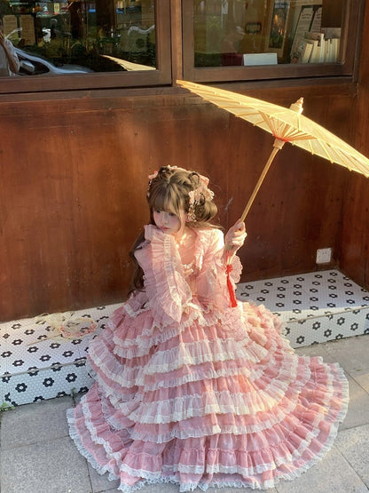 Sweet Dress Pink Adjustable Multi-Layered Ruffle with Lolita and Straps Goldfish Embroidery