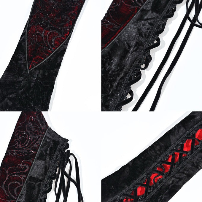 Black&Red Gothic  Lace-up Detail Rosette Velvet Sleeves