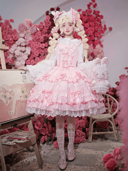 Rockärmel Pullover Old School Lolita Baumwolle Flatterrosa Kleid Schnürung Taille Spitzenbesatz