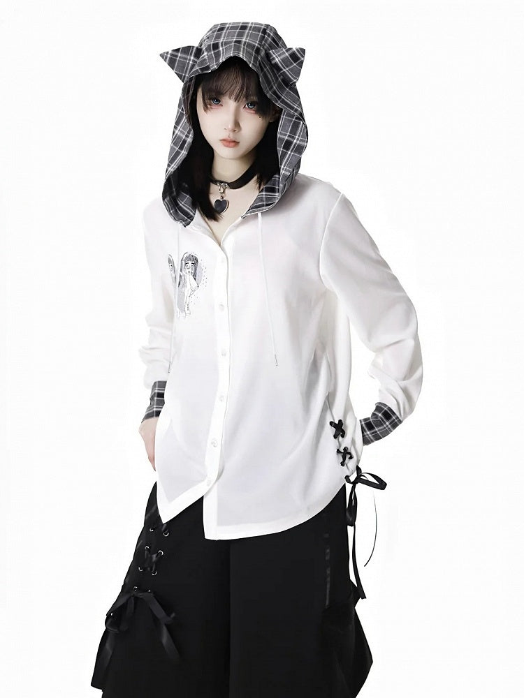猫耳フードデザイン チェック柄サイドレースアップシフォンシャツ ホワイト