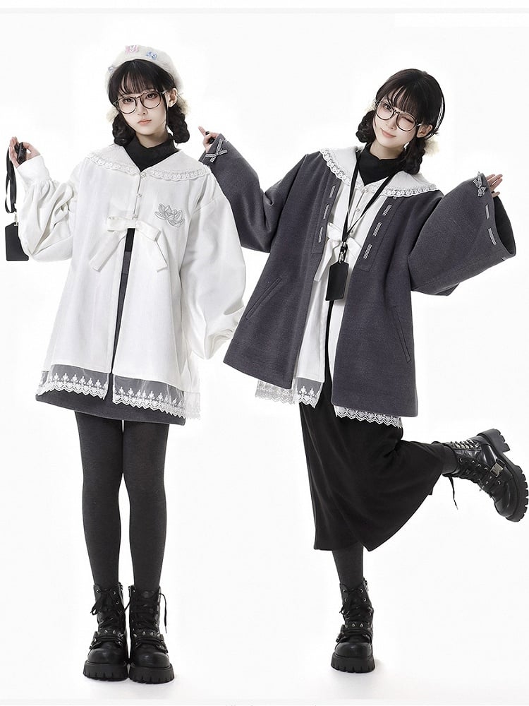 Dark Grey Bow Accents Open Placket Woolen Coat