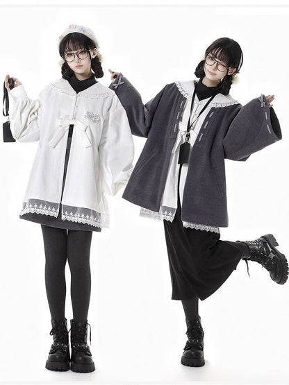 Dark Grey Bow Accents Open Placket Woolen Coat