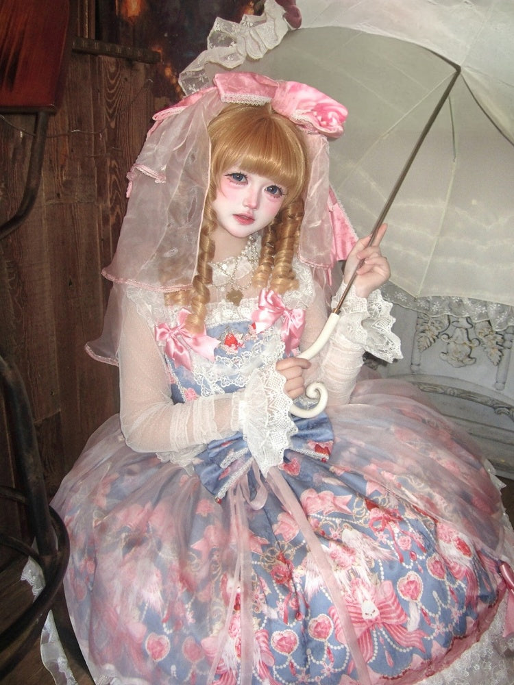 Sweet Blue Lolita JSK Dress with Strawberry Print, Bow and Lace Accents - PG Lullaby