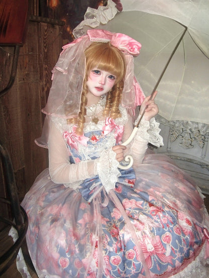 Sweet Blue Lolita JSK Dress with Strawberry Print, Bow and Lace Accents - PG Lullaby
