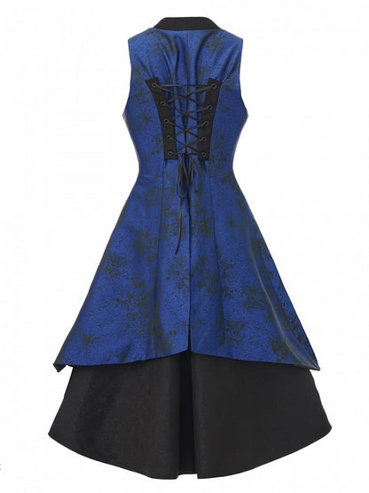 Long Sleeveless Coat and Asymmetrical Ouji Waistcoat Blue Dark Black Lolita