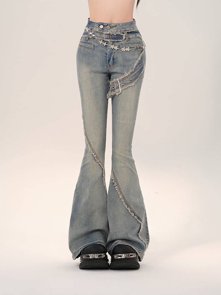 Blue Flare Jeans with Frayed Hem and Built-in Belt