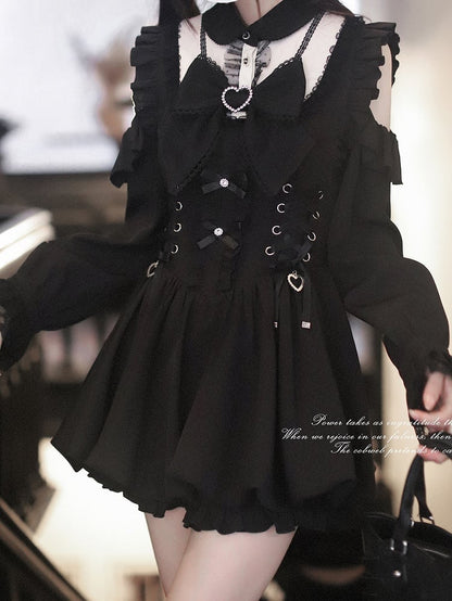 Bubble Jirai with Shoulder Dress - Long Waist Sleeve Lace-Up Cutout Kei Black