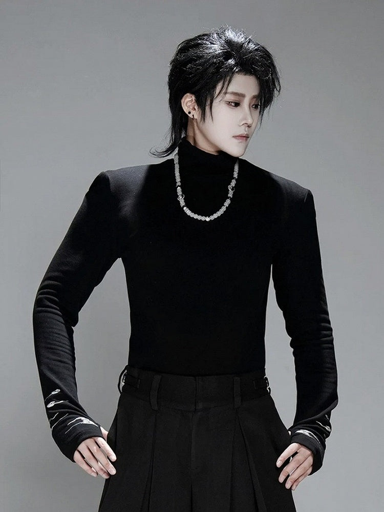 Black Turtleneck Long Sleeve Top with Embroidered Cuffs & Detachable Shoulder Pads
