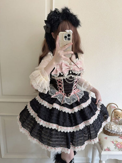 Details Chain Bow Lace-up JSK Lolita Bead with Accent Dress Blafck