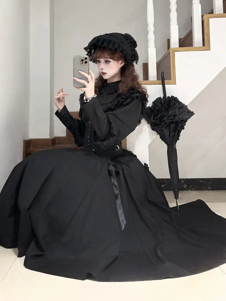 Long-Sleeve Black Dress Lolita Ruffled Waist Classic High Elegant