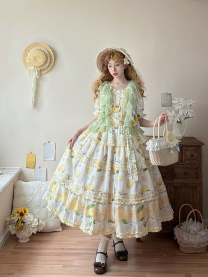 Short Front Lemon Sleeves Button Tiered Lolita Print Placket Skirt Dress White Chick and