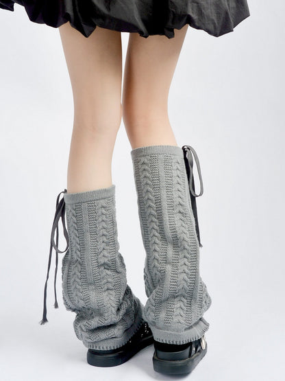 Gray/Brown/Black Cable Flared Warmers Knit Strappy Leg