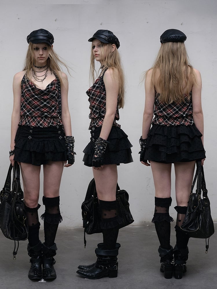 Punk Wasteland Neckholder Top Halsausschnitt Trim Muster SchwarzRot Glamourös Plaid Rüschen Kapuze