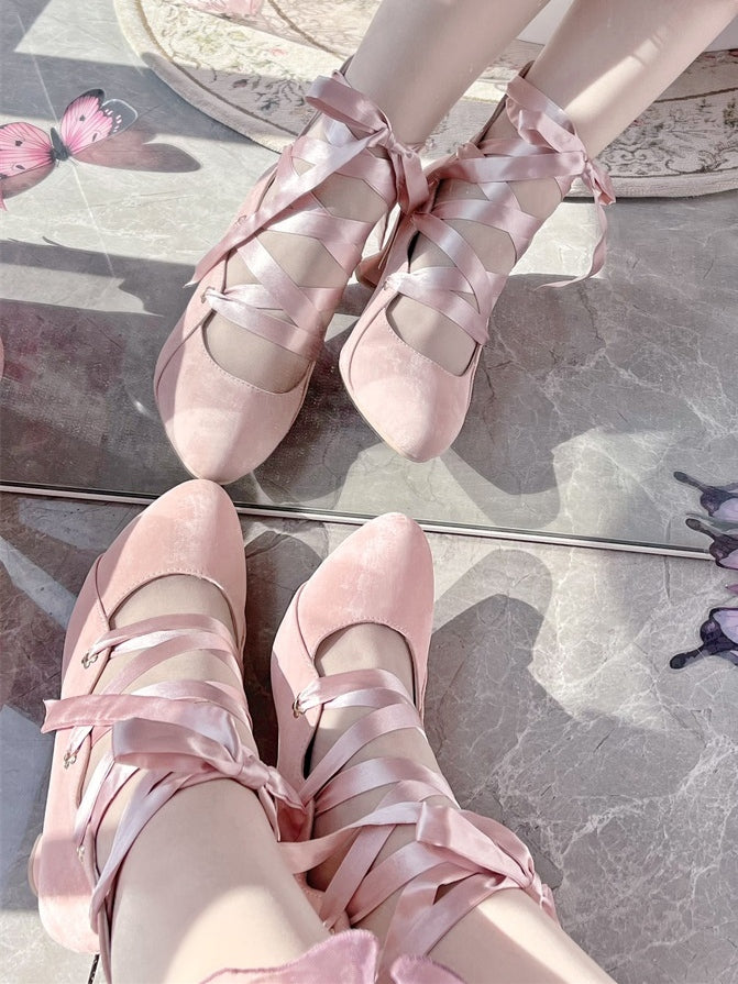 Design Lolita Shoes Pink Closure High-heel Toe Elegant Pointed with Lace-up