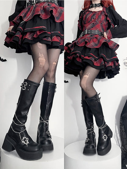 mit Sarg Schwarze Plateauschnallen Stiefel Matt Abnehmbare Gothic Kreuzkette Kniehoch Y2K