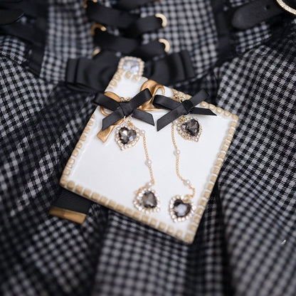 Beaded Bow Rhinestone Black/Dusty Kei Pink Earrings Jirai Chain