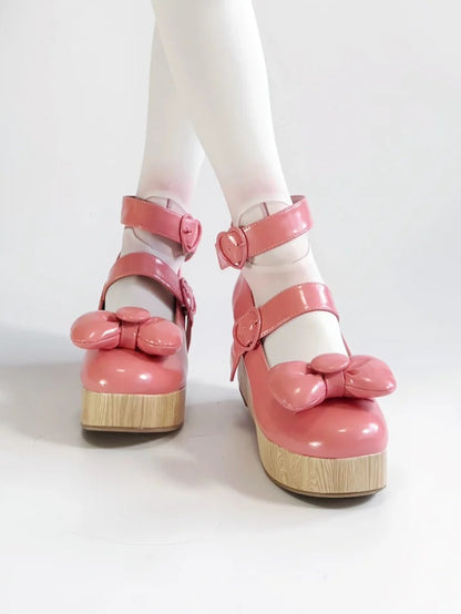 Buckles Lolita Pink Sweet - Heart at Top Bow Dark Platforms